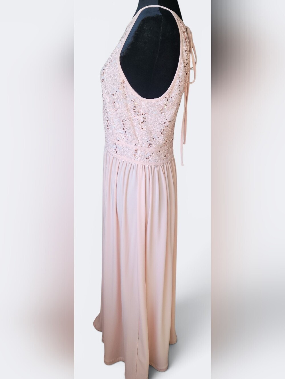 Morgan & Co Blush Pink Sequin Lace Maxi Dress Size 14 Halter Bridesmaid Formal - Picture 7 of 11